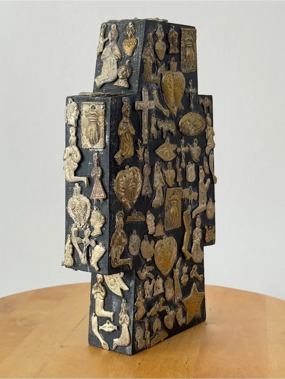 Vintage Estela Ogazon? Milagros Cross Mexican Tin Punched Folk Art,Nailed Charms
